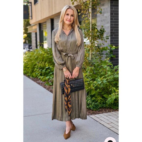 NWT Current Air Pleated Satin Dress - Avara Elsa Olive Maxi Dress - Picture 4 of 6